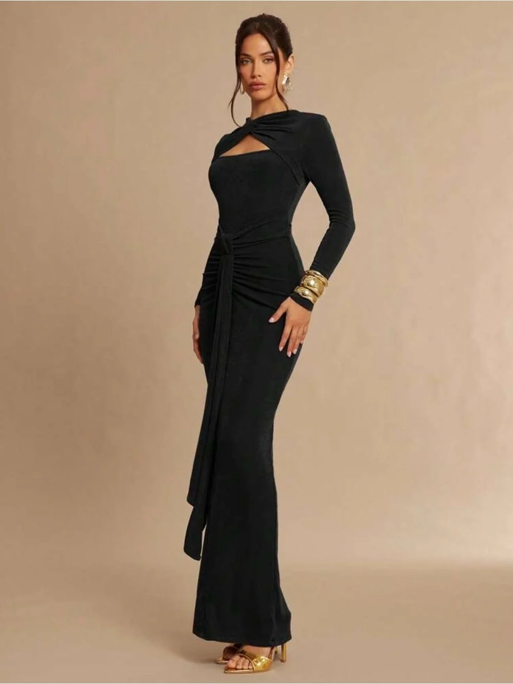 Black Long Sleeve Twist Front Maxi Dress - Picture 3 of 5